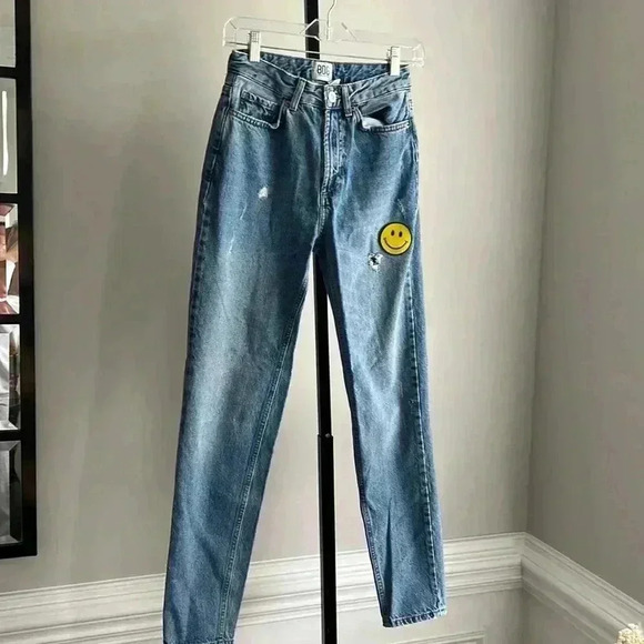 Vintage reworked jeans high rise mom fit smiley face patch - Picture 1 of 7